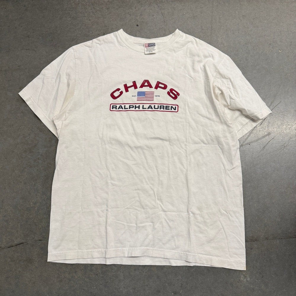 Vintage Chaps Ralph Lauren White Graphic T-Shirt Mens XL American Flag Logo